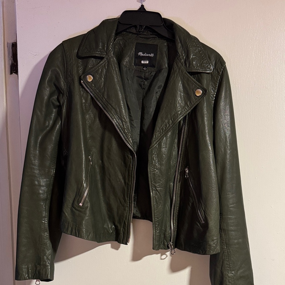 Madewell Women's Green Leather Jacket - Large